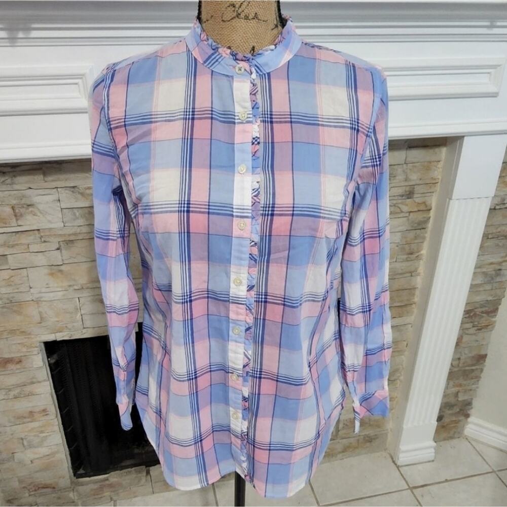 TALBOTS pink‎ and blue button down ruffled collar shirt size XS